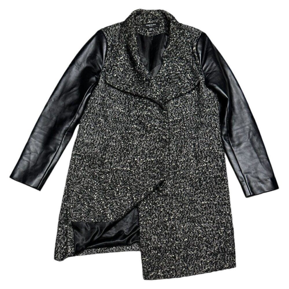 Kenneth Cole New York Wool Blend Faux Leather Luxury Designer Winter Coat Medium